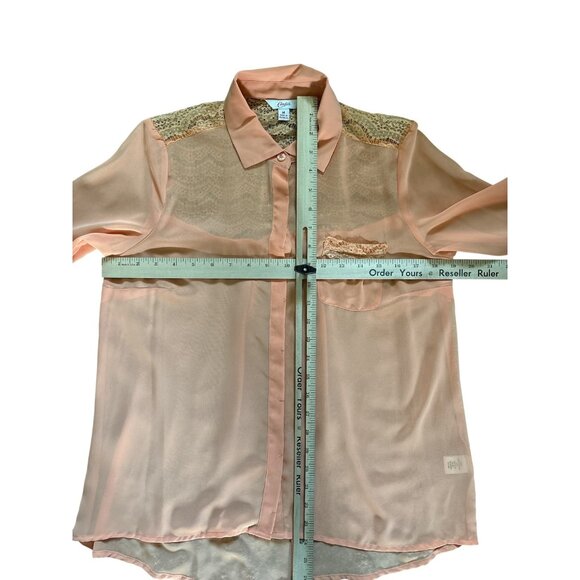 Candie's Shirt Womens Medium Peach Sheer Lace Button Up 3/4 Sleeve Blouse Top - Picture 8 of 8